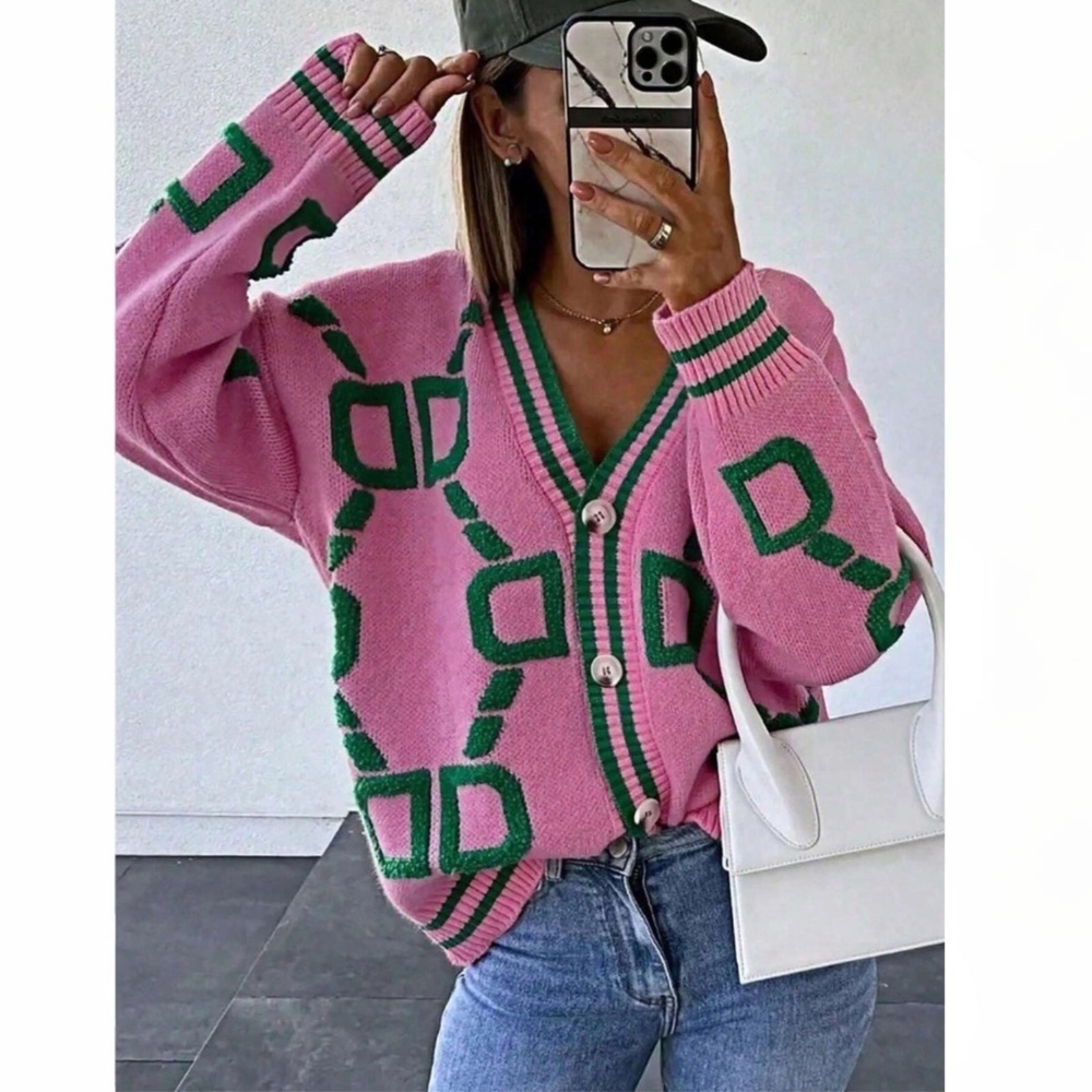 Pink Knit Cardigan Green Terrycloth Pattern Button Down